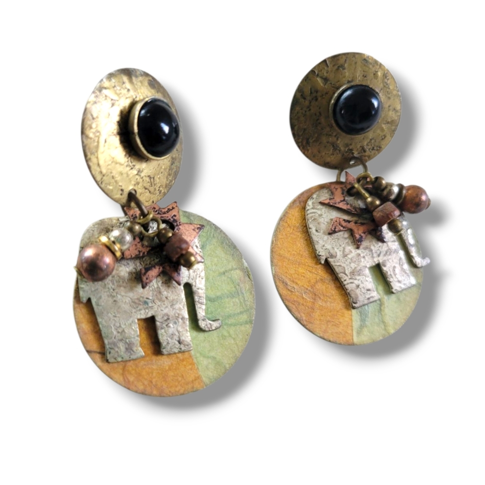 NWOT Artisan Boho Multi Tone Abstract Metal Elephant Disc Drop Earrings - Picture 5 of 5